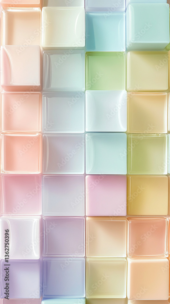 Poster pastel-colored glass blocks create a smooth, textured surface, showcasing a calm and serene aestheti