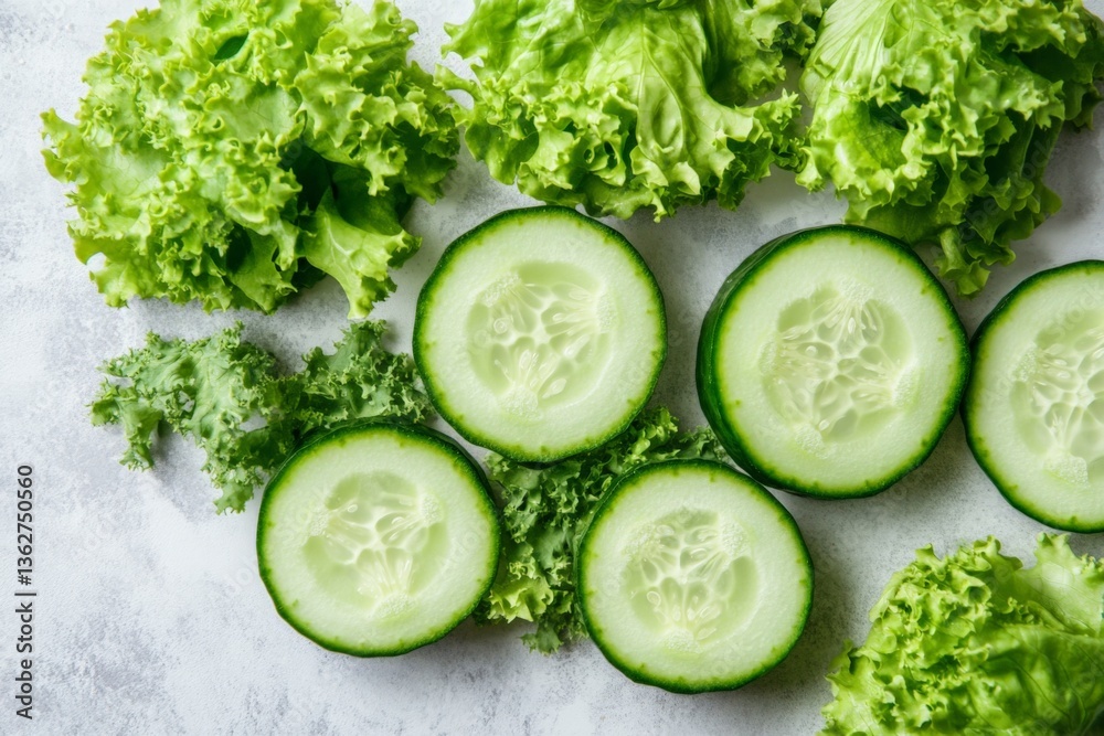 Poster freshly sliced cucumber and crisp lettuce arranged beautifully on a light background for a healthy m