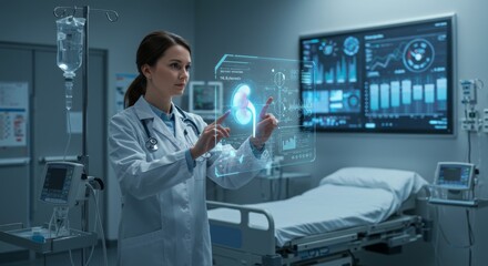 Doctor interacting with futuristic holographic interface in modern hospital room for medical innovation and healthcare technology
