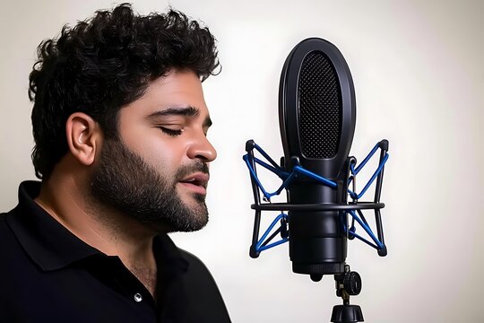Man singing into microphone, studio portrait,  focused expression