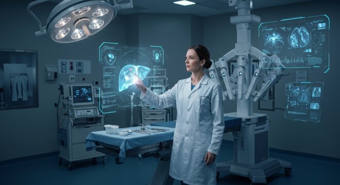 Futuristic medical technology with doctor interacting with holographic displays in surgical room