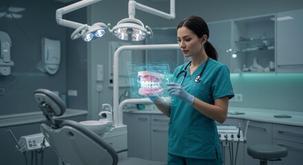 Dental professional analyzing digital dental scan in modern dental clinic setting