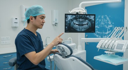 Obraz premium Dentist analyzing dental x-ray in modern clinic setting for oral health assessment