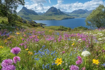 Obraz premium Vibrant wildflowers bloom in a scenic landscape by the tranquil lake under a clear blue sky