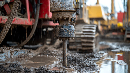 Close up of a drilling machine working in muddy conditions with a yellow vehicle in the background