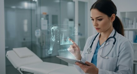 Innovative medical technology in healthcare: female doctor using futuristic digital interface in hospital setting