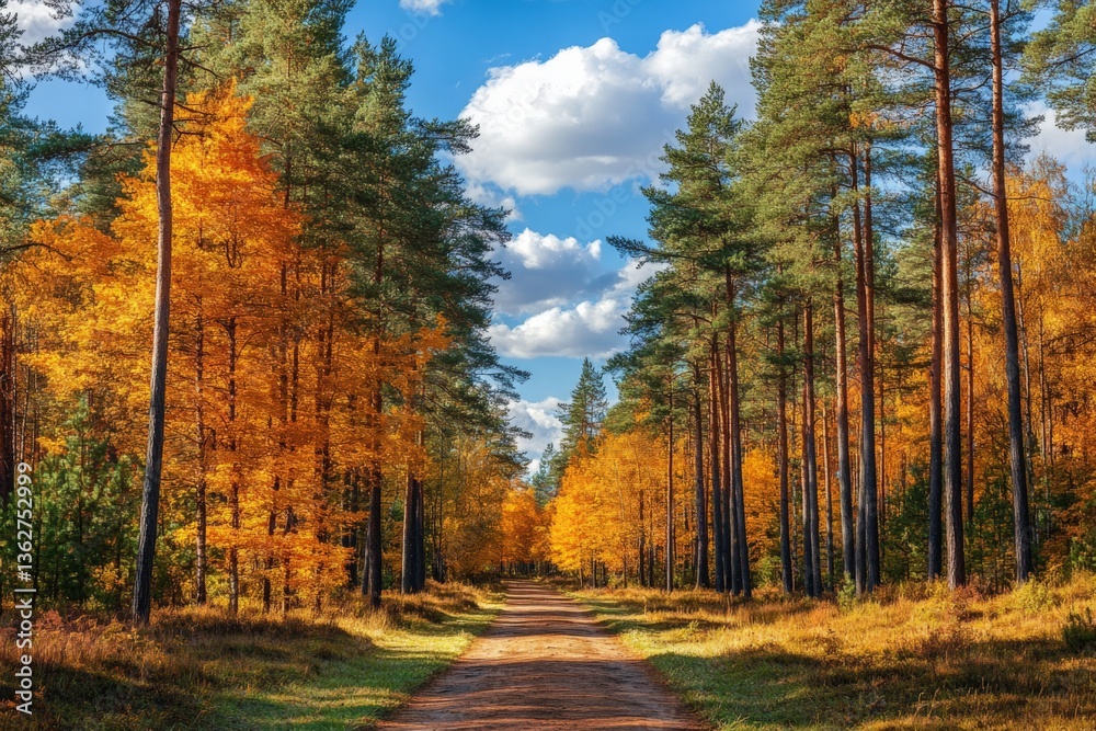 Poster beautiful autumn forest path with colorful trees and blue sky