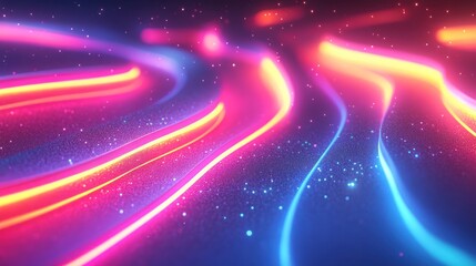 Abstract Neon Wave Background: Vibrant Pink, Orange, and Blue Glowing Lines with Sparkling Particles