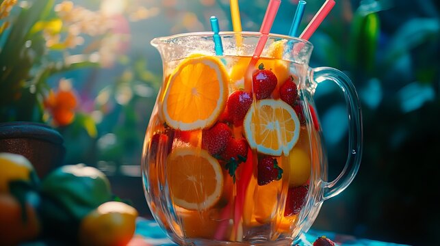 A clear glass pitcher filled with refreshing fruit infused water - Powered by Adobe