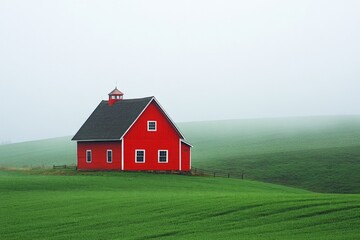 Red barn stands alone in a misty green field with rolling hills in the background at dawn