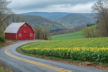 Red barn surrounded by yellow cornfields along a winding road in a rural landscape during early spring