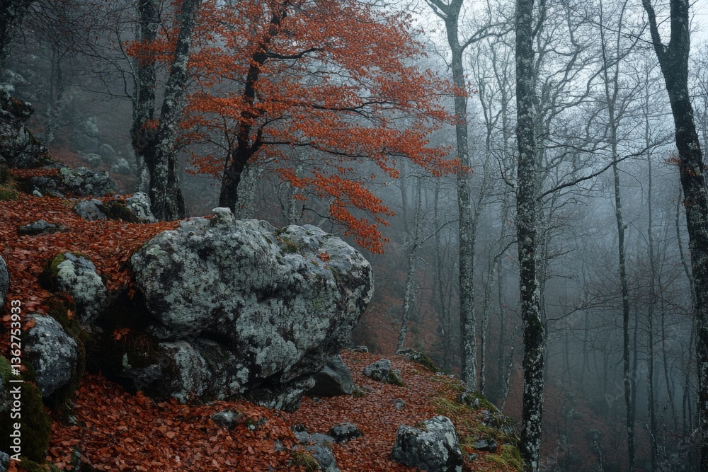 Poster misty autumn forest with vibrant foliage and rocky terrain in a tranquil setting