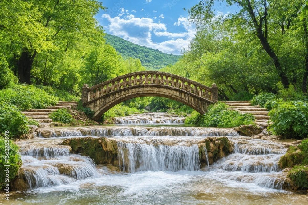 Poster beautiful stone bridge over flowing waterfall in serene forest surrounded by lush greenery on a sunn