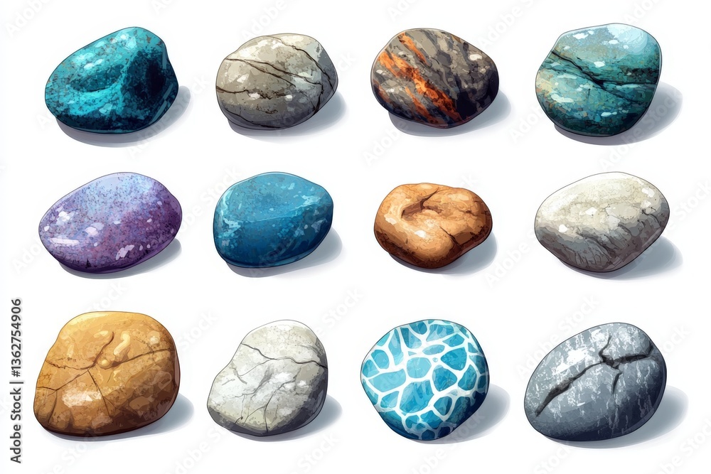 Aufkleber Collection of colorful stones arranged by shape and hue in a simple layout showcasing their natural beauty