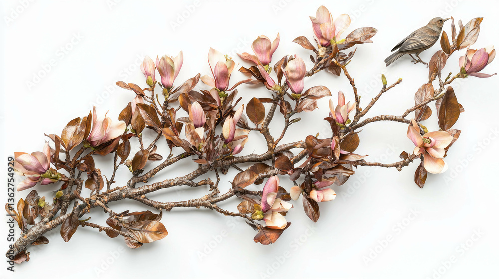 Poster realistic magnolia branch with bird for nature-inspired decor and spring design
