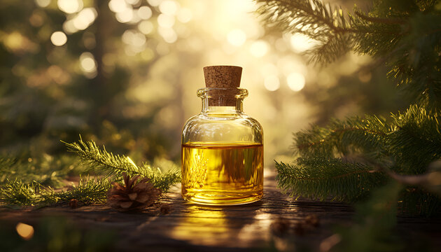 High quality illustration, banner background featuring a bottle of aromatic cedar oil with fresh cedar leaves, embracing natural and organic concepts