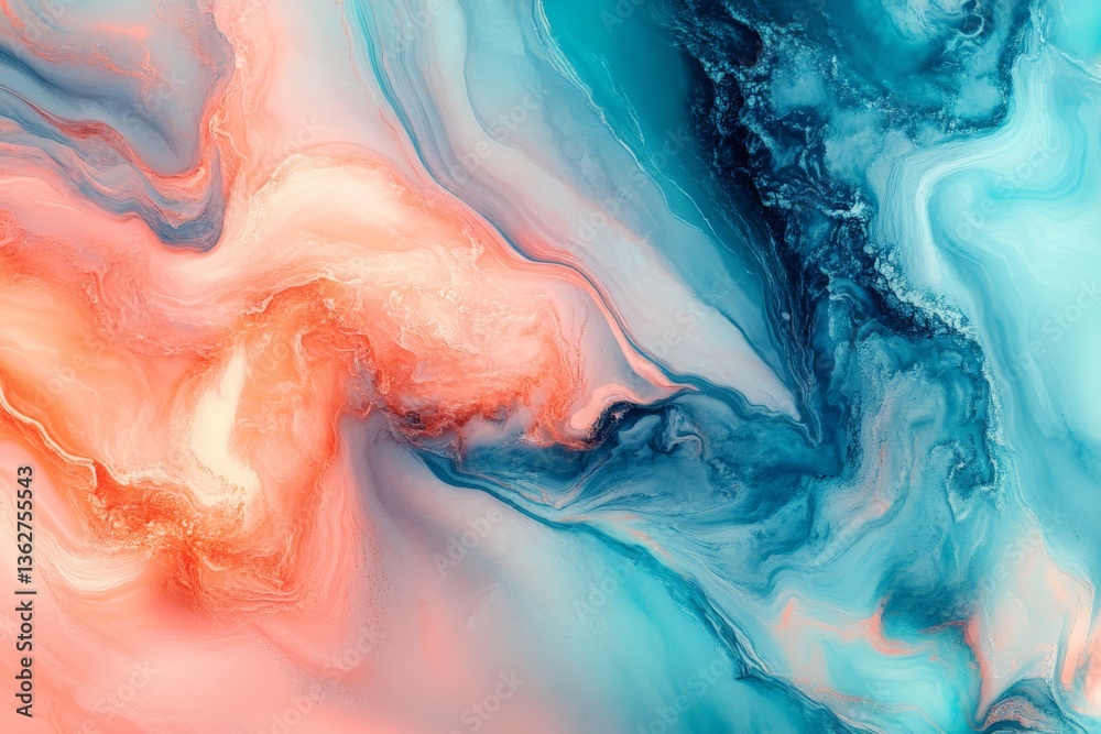 Poster vibrant abstract art blending coral and teal tones in a mesmerizing swirl pattern