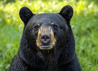 Fototapeta premium Close-up portrait of a majestic black bear, its dark fur contrasting beautifully against a vibrant green background. The bear's intense gaze and calm demeanor create a captivating image.
