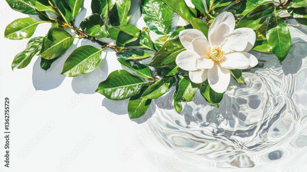 Poster magnolia tree with reflected water ripples for nature and botanical design