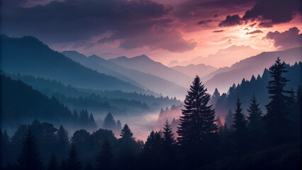Obraz premium Beautiful sunrise and sunset over the snow-covered mountains with fog, clouds, and mist in the valley