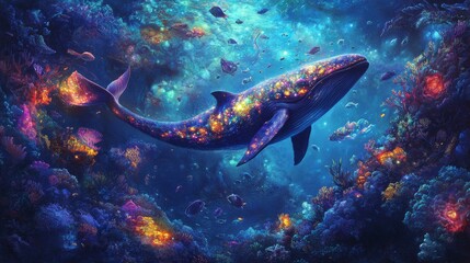 Fototapeta premium A mermaid surrounded by glowing plankton, blending fantasy with realism. A surreal, colorful coral reef city filled with tiny marine creatures. A magical whale with glowing patterns on its skin, swim