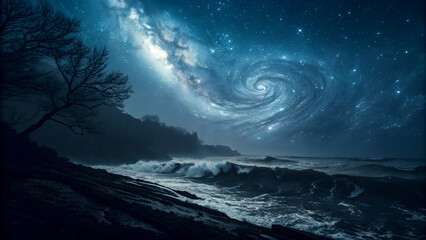 Starry night sky over the ocean with waves and reflections, showcasing a beautiful seascape under a dark sky with clouds and a hint of sunset