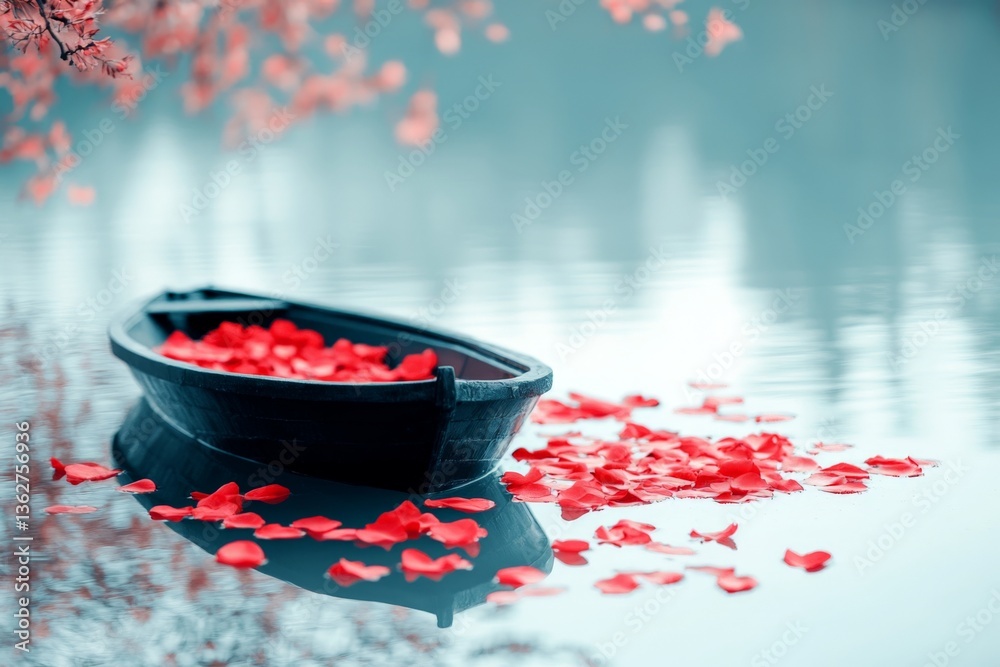 Poster serene wooden boat filled with rose petals floating on calm water surrounded by autumn foliage in a 