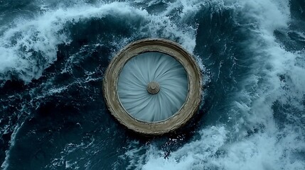 Circular Structure Surrounded by Waves of Crashing Ocean Water
