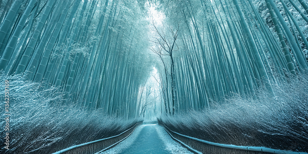 Poster snow-covered bamboo forest path, teal-toned, creating a serene winter scene symbolizing tranquility 