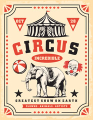 Retro circus poster design with circus tent, clown graphic and elephant. Entertainment show vintage vector flyer.