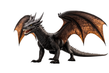 Majestic black dragon with fiery wings and fierce expression