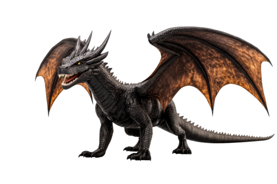 Majestic black dragon with fiery wings and fierce expression
