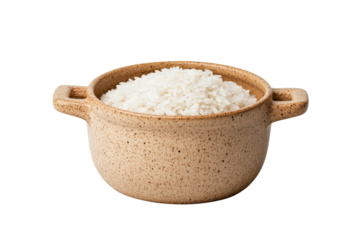 White rice in a brown ceramic pot on a transparent background