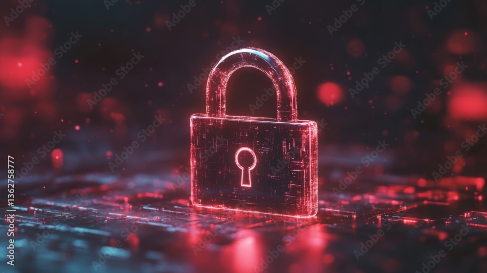 Poster a virtual padlock symbol floating in front of a digital background, representing online security.