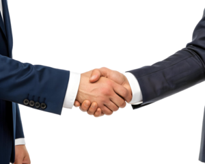 Two men in business suits shaking hands, firm grip, isolated on transparent background