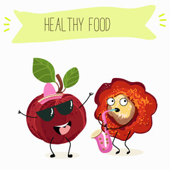 Barbados cherry Red acerola cherry fruits. Natural vitamin antioxidant detox food collection. Vector hand drawn illistration.