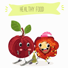 Barbados cherry Red acerola cherry fruits. Natural vitamin antioxidant detox food collection. Vector hand drawn illistration.