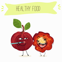 Barbados cherry Red acerola cherry fruits. Natural vitamin antioxidant detox food collection. Vector hand drawn illistration.