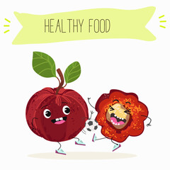 Barbados cherry Red acerola cherry fruits. Natural vitamin antioxidant detox food collection. Vector hand drawn illistration.