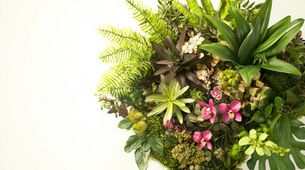 Fototapeta premium Lush greenery arrangement with realistic orchid in terrarium setting