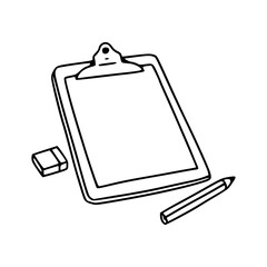 clipboard with paper, pencil, and eraser outline
