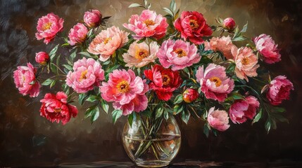 Fototapeta premium Vibrant peony bouquet in glass vase, oil painting, dark background, home decor