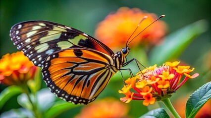 Fototapeta premium Monarch butterfly feeding on a vibrant flower in a garden