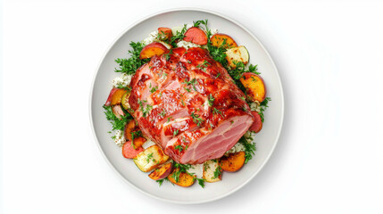 Delicious peach and honey glazed ham on white plate with fresh herbs and grilled peaches