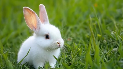 Fototapeta premium Playful White Rabbit Exploring Fresh Spring Meadow with Butterflies and Wildflowers, High-Definition Isolated Animal Character for Mobile Game Assets, Toy Packaging, or Ecology Awareness Campaigns.