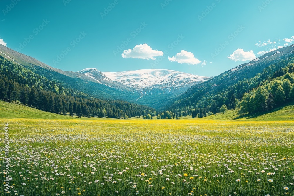 Poster scenic view of a vibrant flower-filled valley with snow-capped mountains in the background during a 