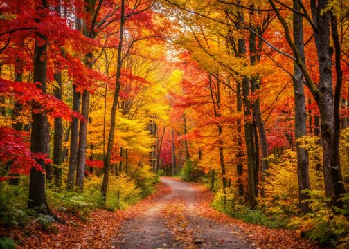 Autumn Path in Quebec Forest: Colorful Trees & Peaceful Trail, Low Light Photography