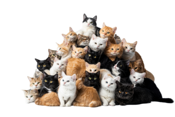 Group of playful cats stacked together on a transparent background