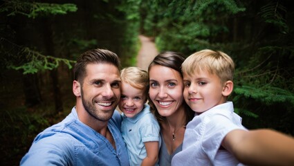 Fototapeta premium Happy family taking selfie in forest: smiling parents with kids on nature adventure