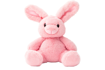 Cute plush pink bunny with big ears on transparent background